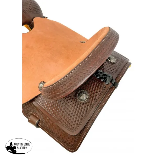 13" Barrel Style Hard Seat Youth Saddle with basket tooling.. (Semi-QH Bars)