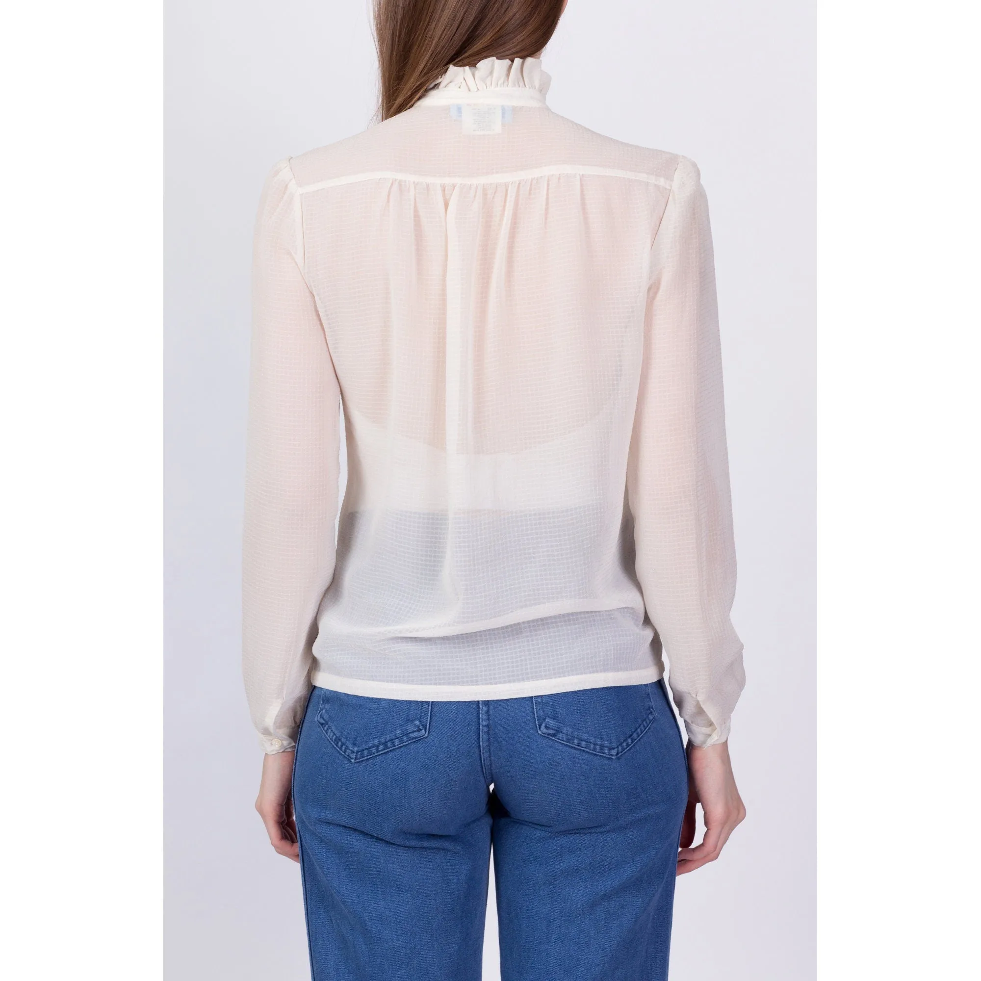 80s Sheer Ivory Ruffle Collar Blouse - Extra Small