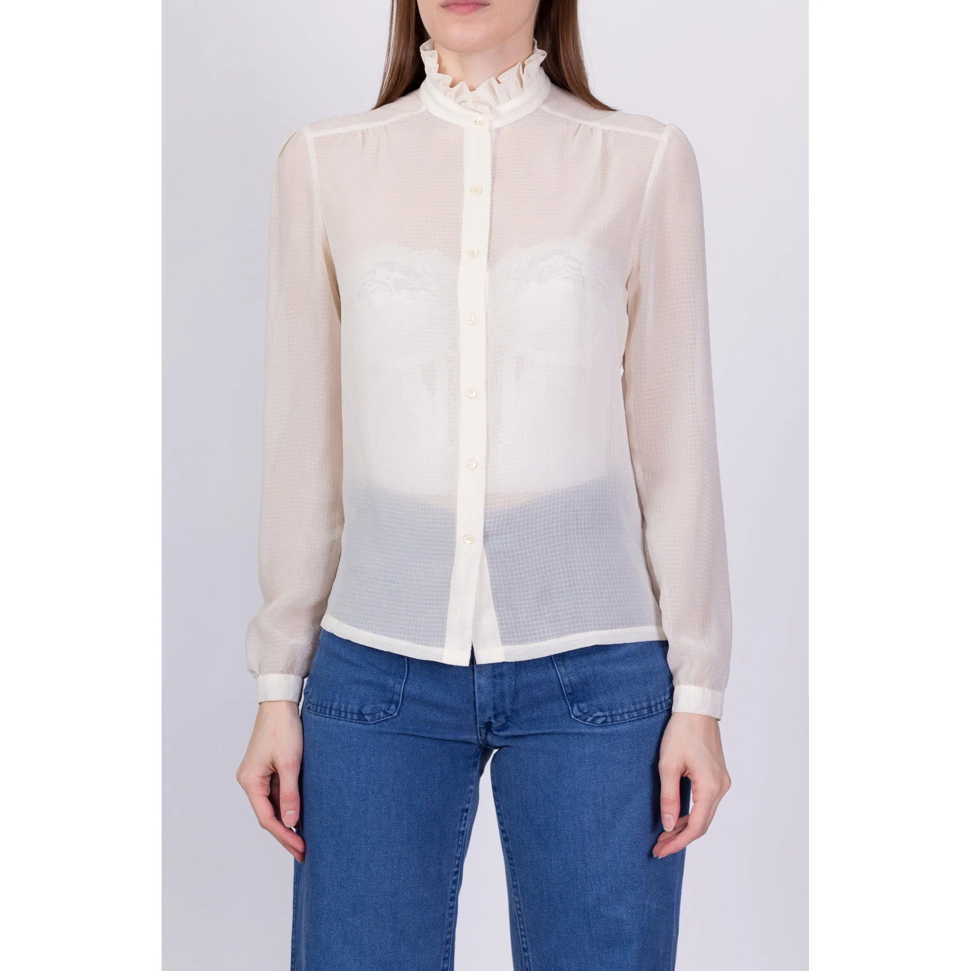 80s Sheer Ivory Ruffle Collar Blouse - Extra Small