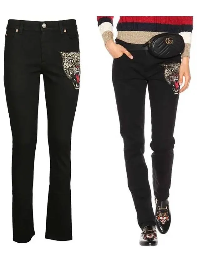 Angry cat embroidery patch black jeans 470225