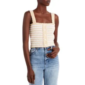 AQUA Ladies Cream & Tan Striped Button Crochet Cropped Tank Top, Size Medium NWT