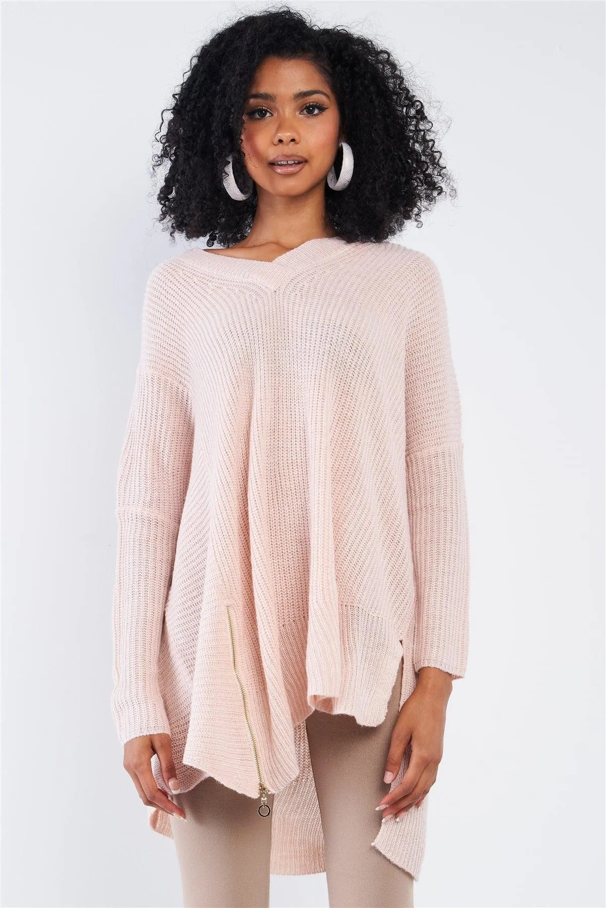 Baby Soft Pink V-Neck Asymmetrical Oversized Long Sleeve Gold Zipper /4-2