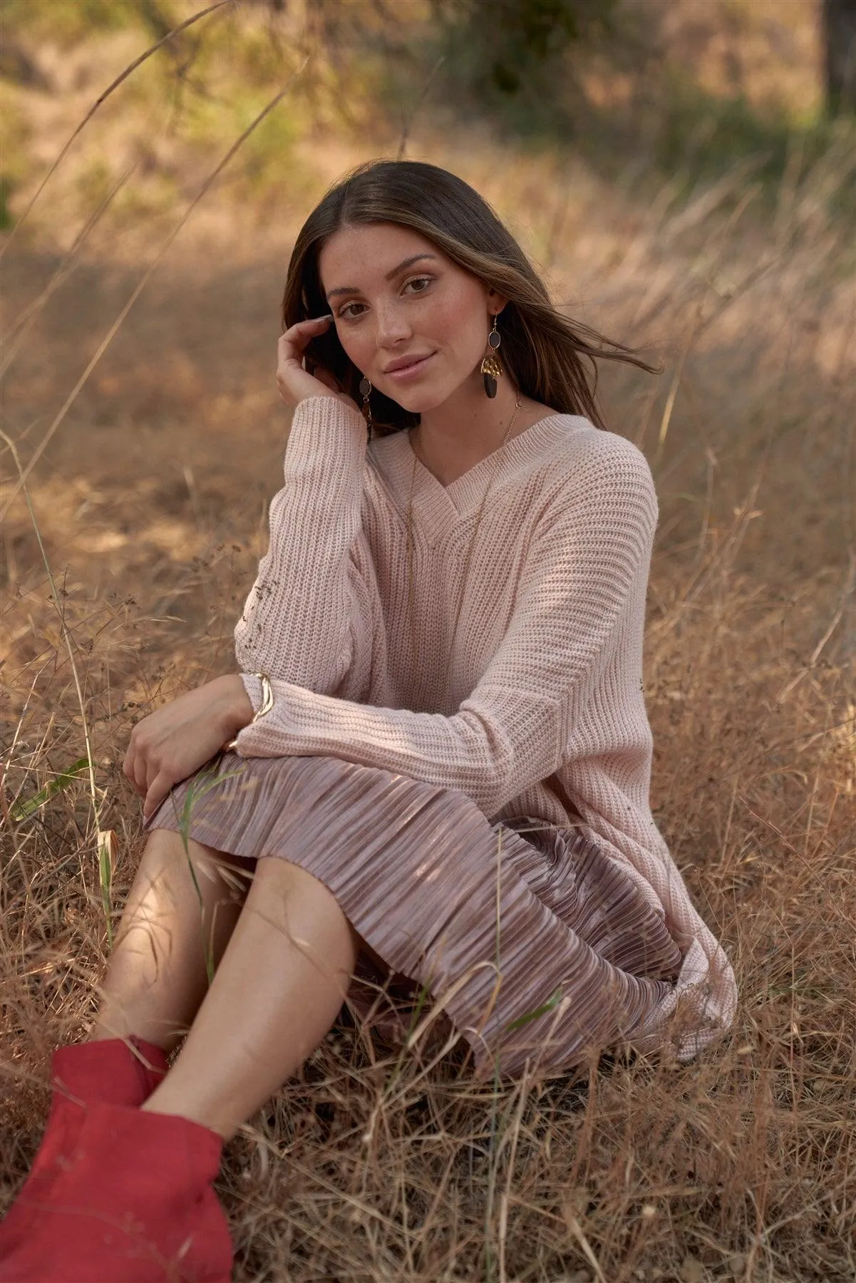 Baby Soft Pink V-Neck Asymmetrical Oversized Long Sleeve Gold Zipper /4-2