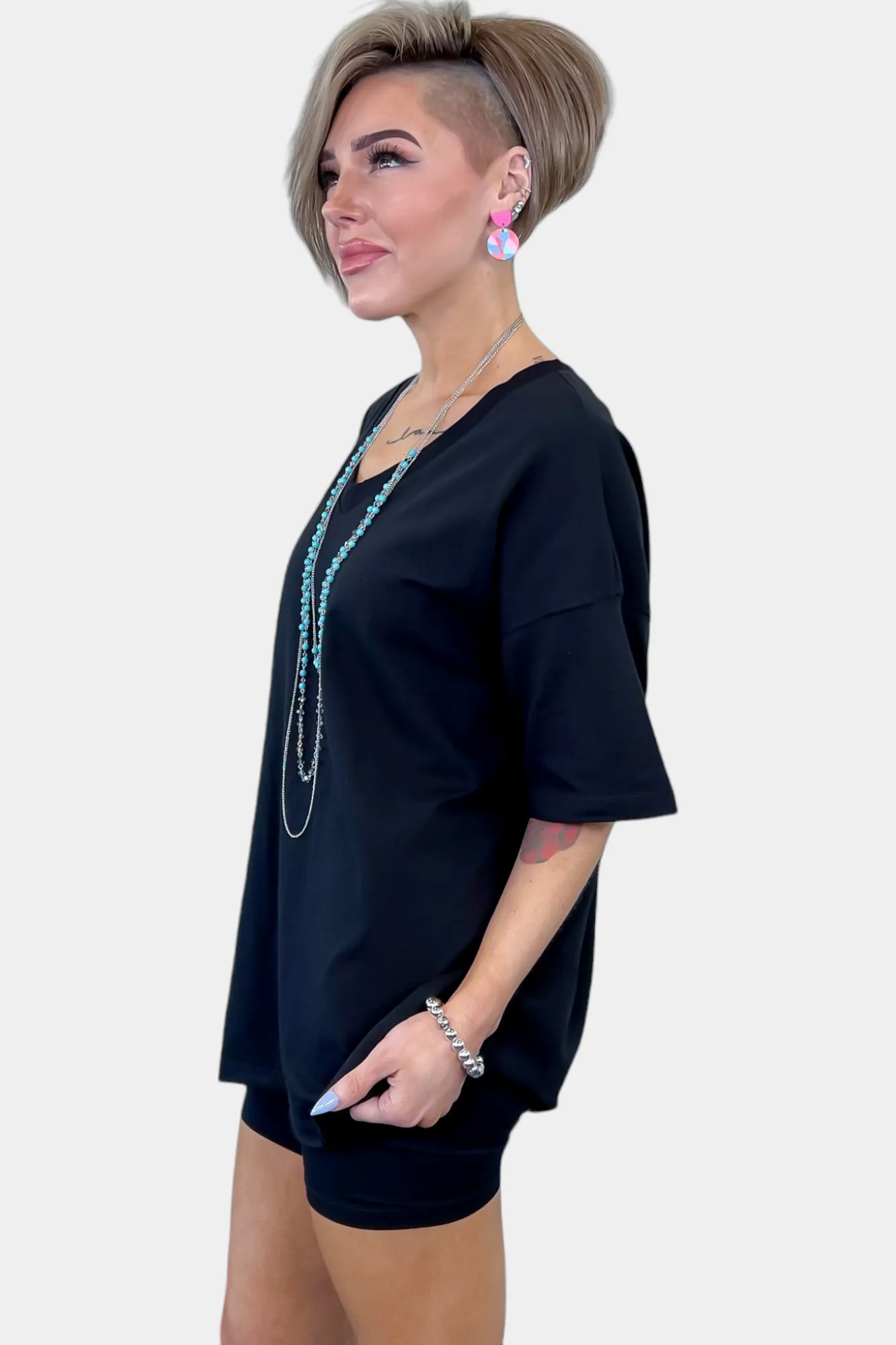 Black V Neck Biker Short Loungewear Set