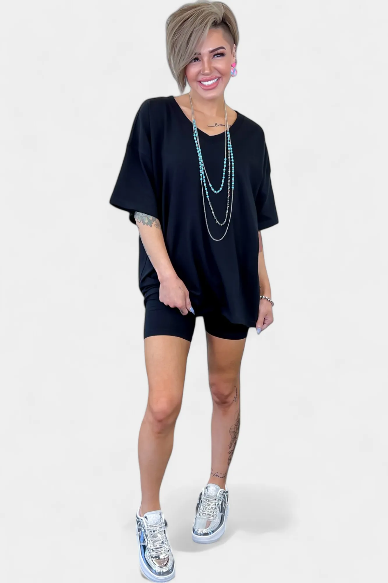 Black V Neck Biker Short Loungewear Set