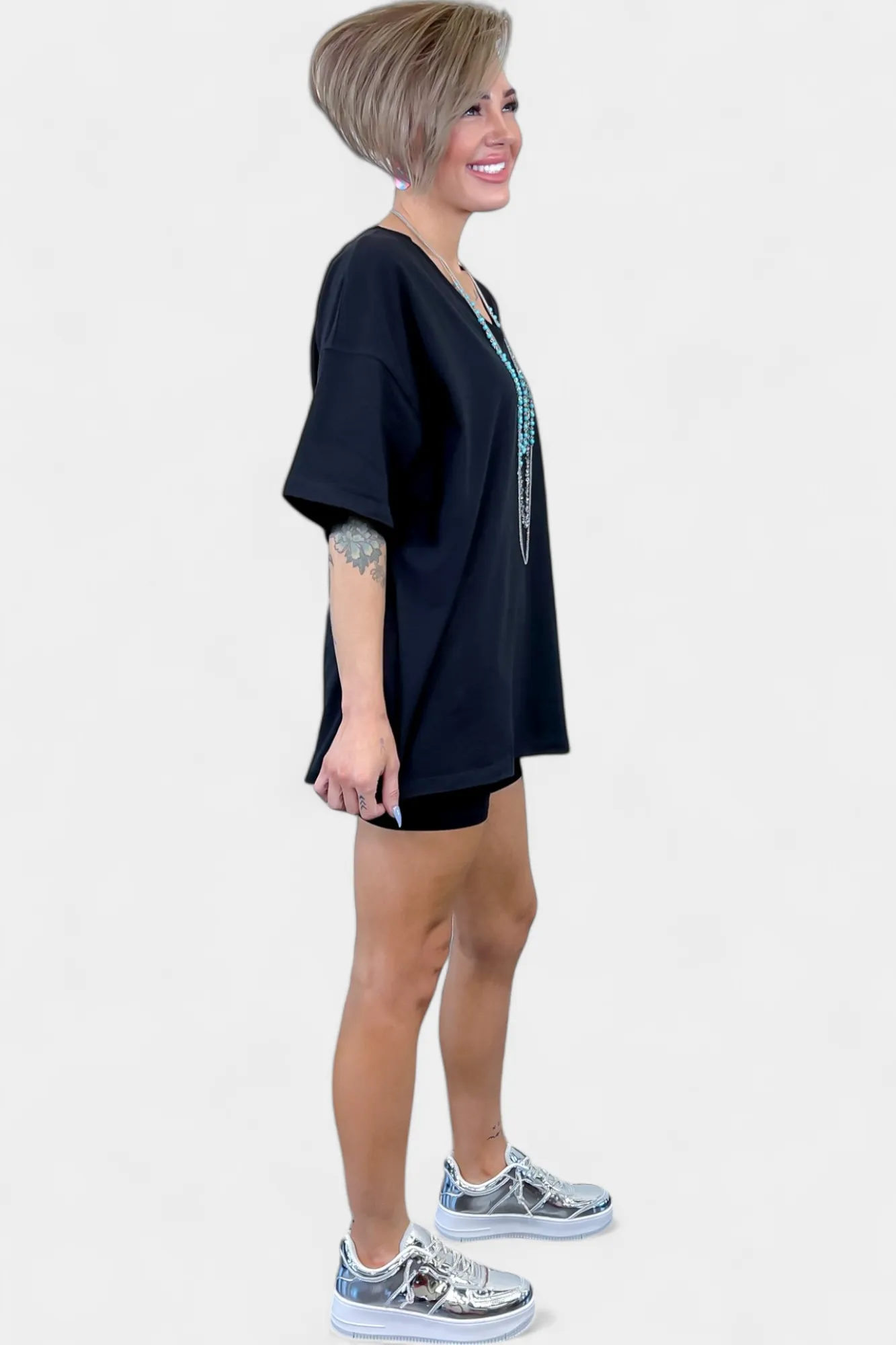 Black V Neck Biker Short Loungewear Set