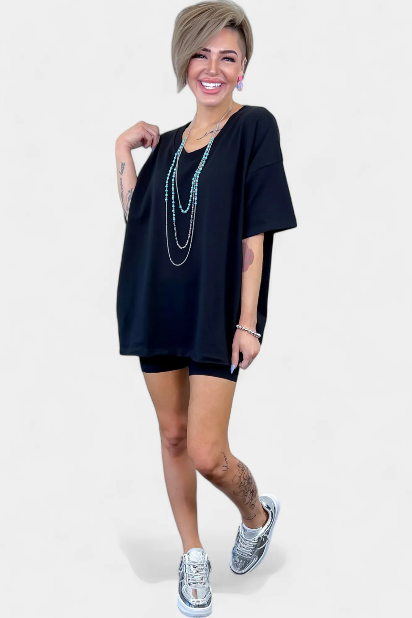 Black V Neck Biker Short Loungewear Set
