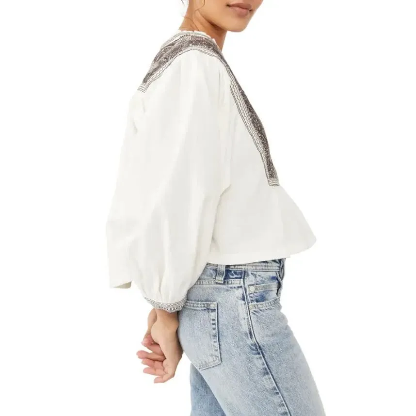 Free People Women's Iggie Embroidered Top, Ivory & Black, Size XS