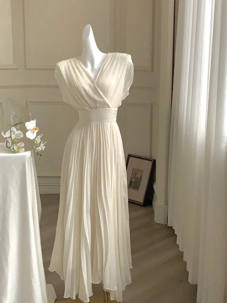 Girlary 2024 Summer Chiffon French Elegant Midi Dress Holiday Party Pure Color Dress Outifts Casual Fashion Vestidos Woman Robe Ladies