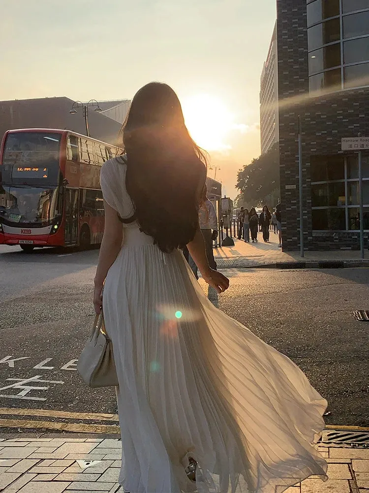 Girlary 2024 Summer Chiffon French Elegant Midi Dress Holiday Party Pure Color Dress Outifts Casual Fashion Vestidos Woman Robe Ladies