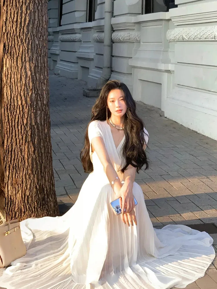 Girlary 2024 Summer Chiffon French Elegant Midi Dress Holiday Party Pure Color Dress Outifts Casual Fashion Vestidos Woman Robe Ladies