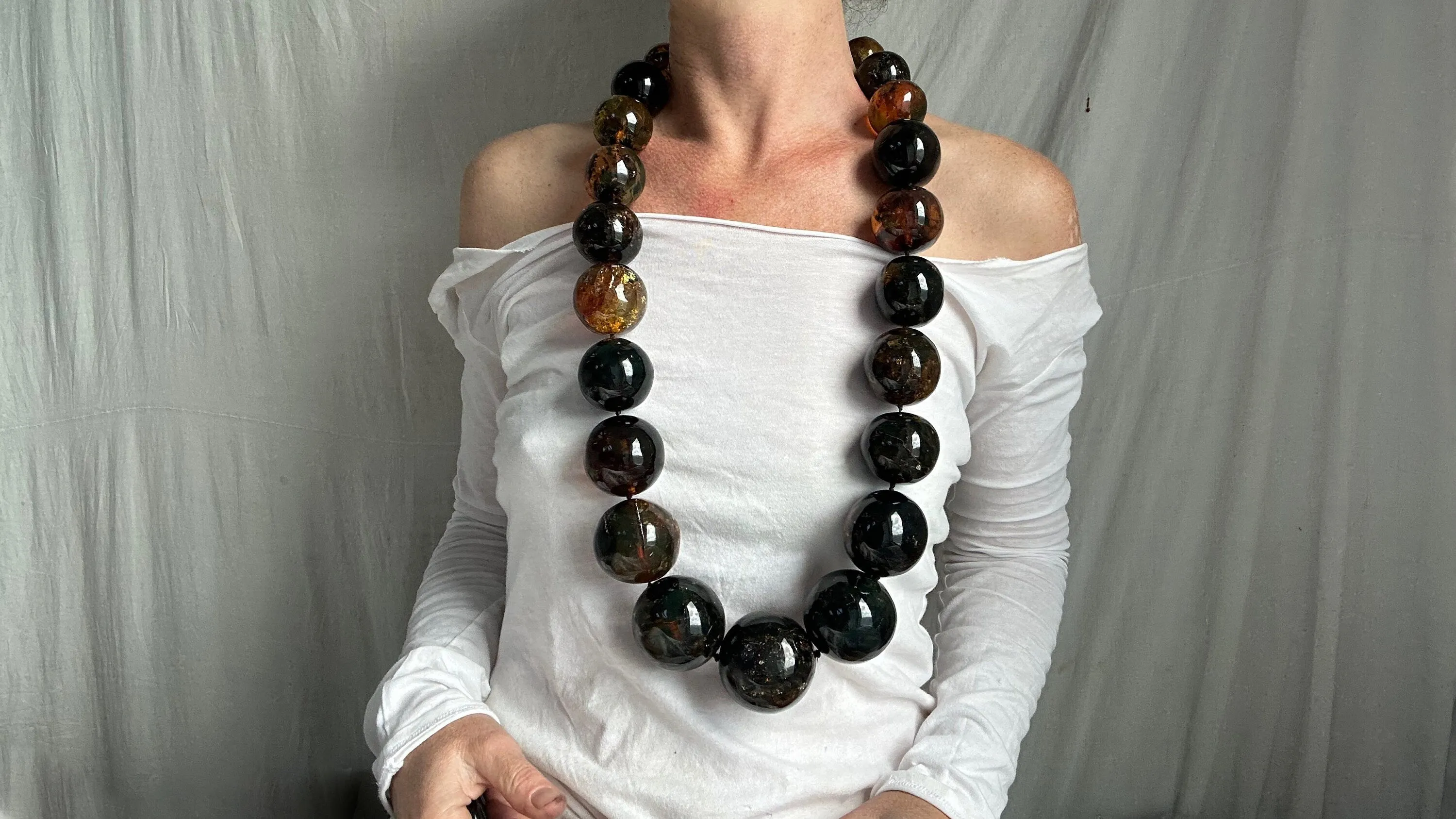 Huge Graduated Amber Round Bead Necklace. Dramatic and Gorgeous! 0870