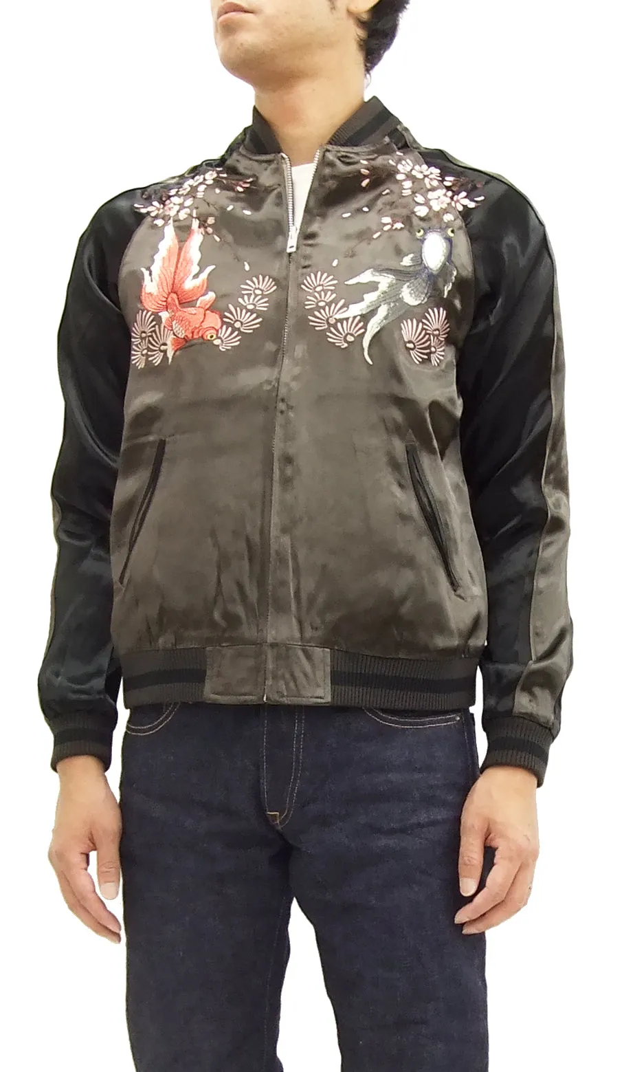 Japanesque Japanese Souvenir Jacket 3RSJ-015 goldfish Men's Sukajan Charcoal-Gray/Black