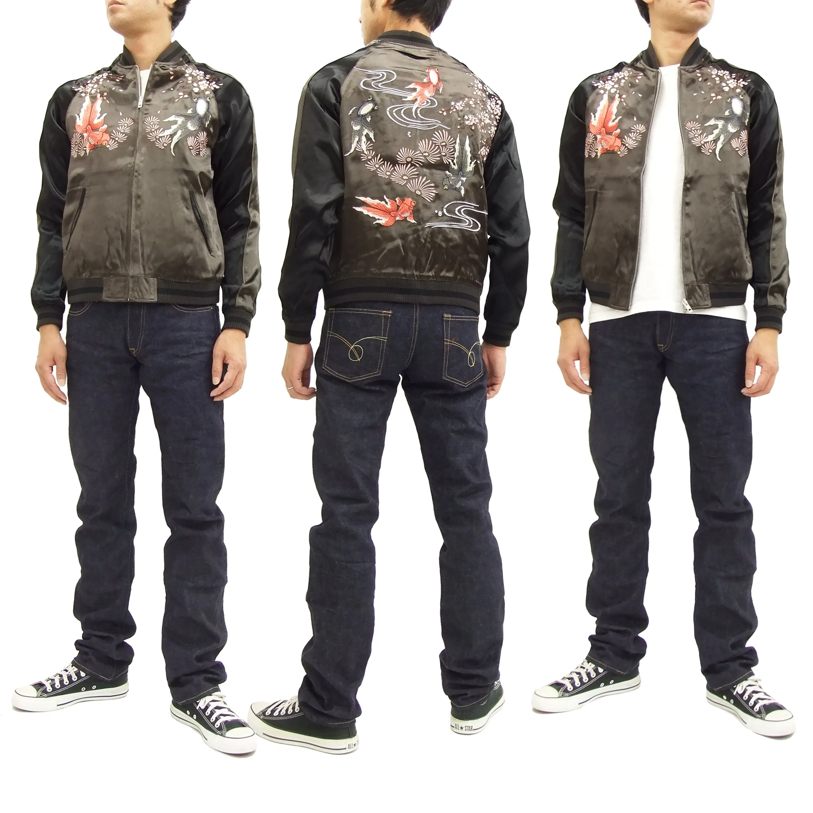 Japanesque Japanese Souvenir Jacket 3RSJ-015 goldfish Men's Sukajan Charcoal-Gray/Black