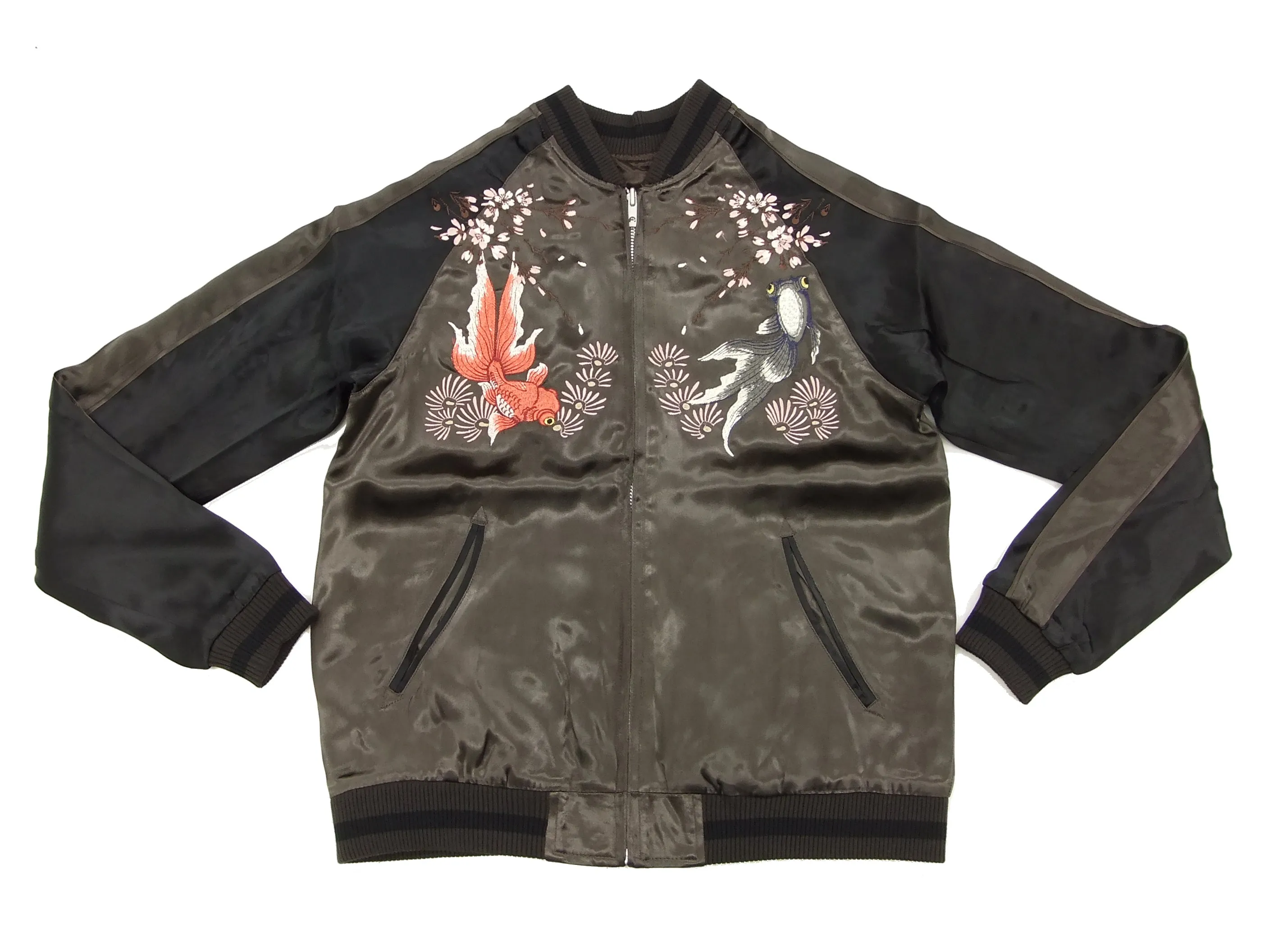 Japanesque Japanese Souvenir Jacket 3RSJ-015 goldfish Men's Sukajan Charcoal-Gray/Black