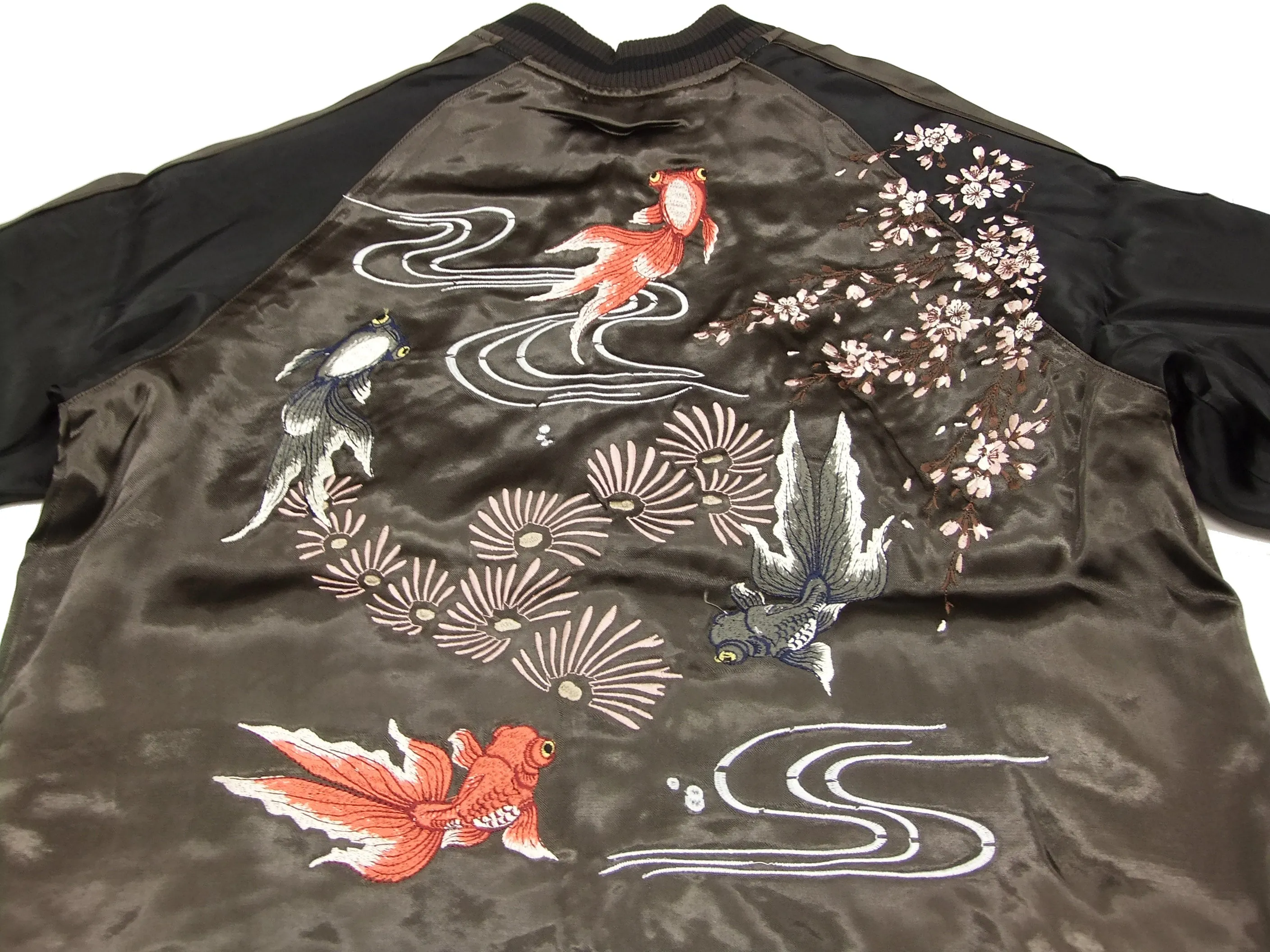 Japanesque Japanese Souvenir Jacket 3RSJ-015 goldfish Men's Sukajan Charcoal-Gray/Black