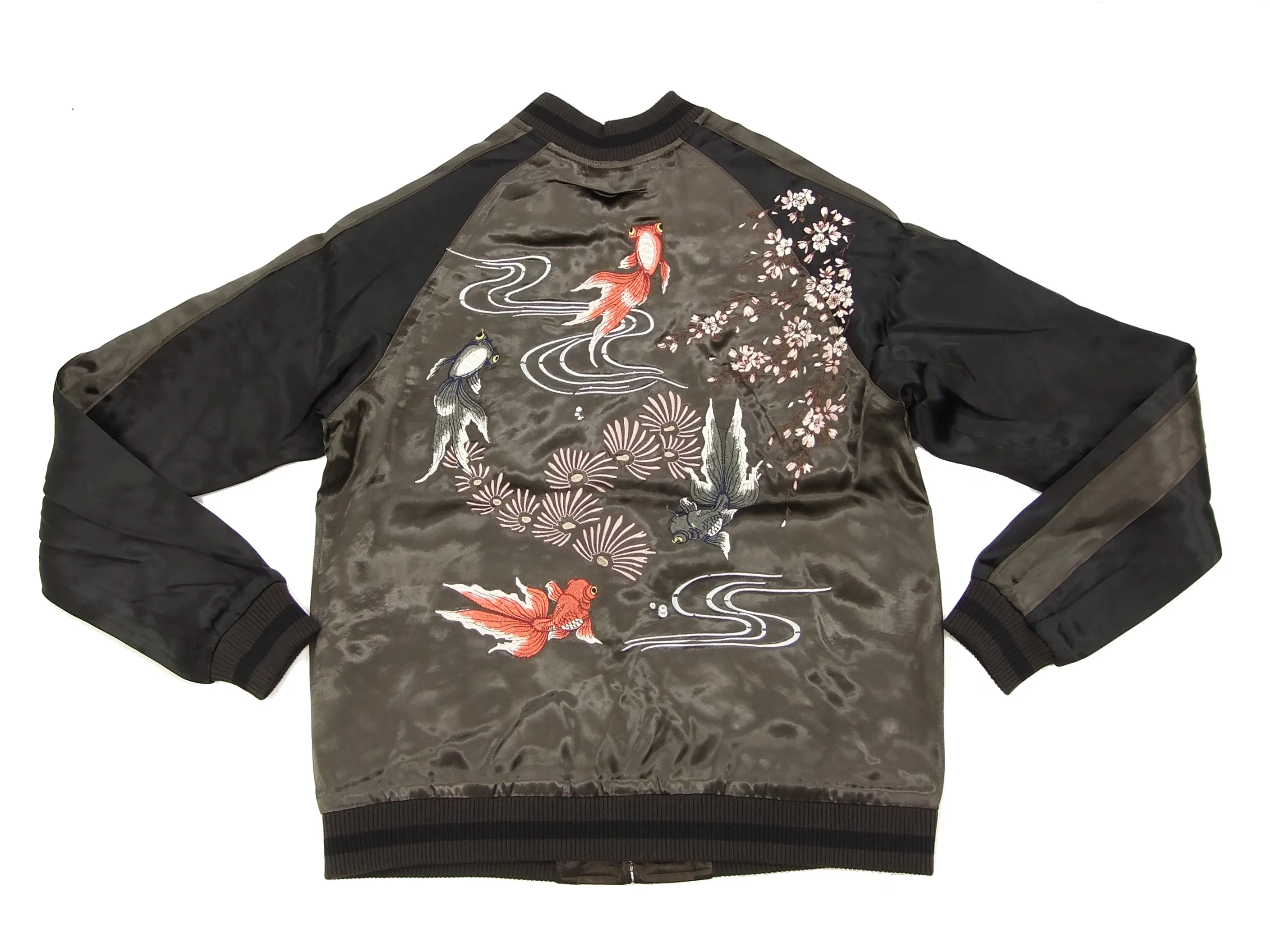 Japanesque Japanese Souvenir Jacket 3RSJ-015 goldfish Men's Sukajan Charcoal-Gray/Black