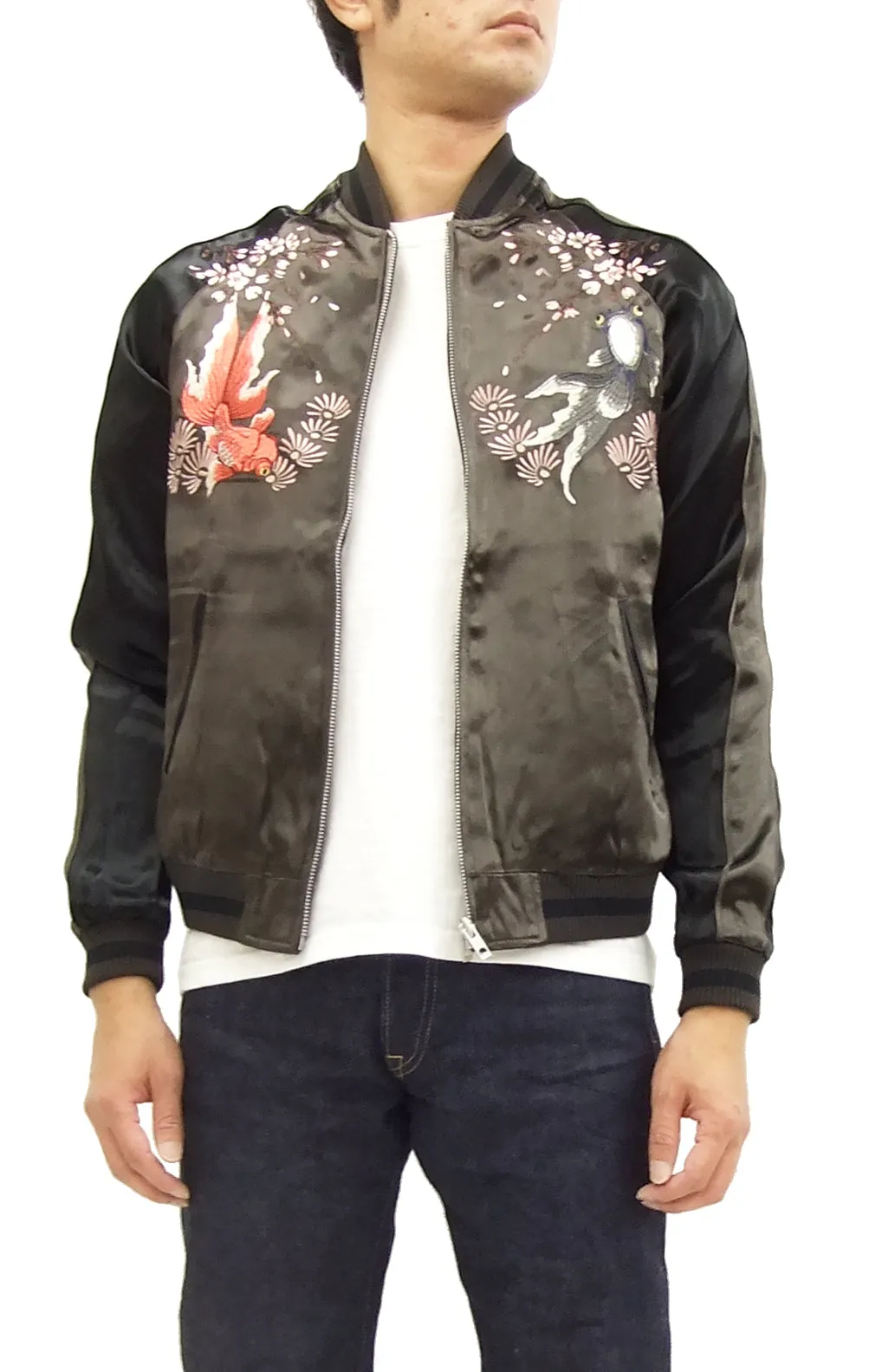 Japanesque Japanese Souvenir Jacket 3RSJ-015 goldfish Men's Sukajan Charcoal-Gray/Black