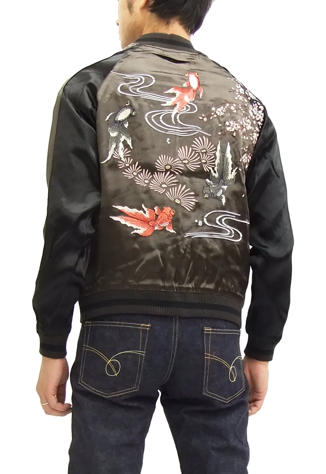 Japanesque Japanese Souvenir Jacket 3RSJ-015 goldfish Men's Sukajan Charcoal-Gray/Black