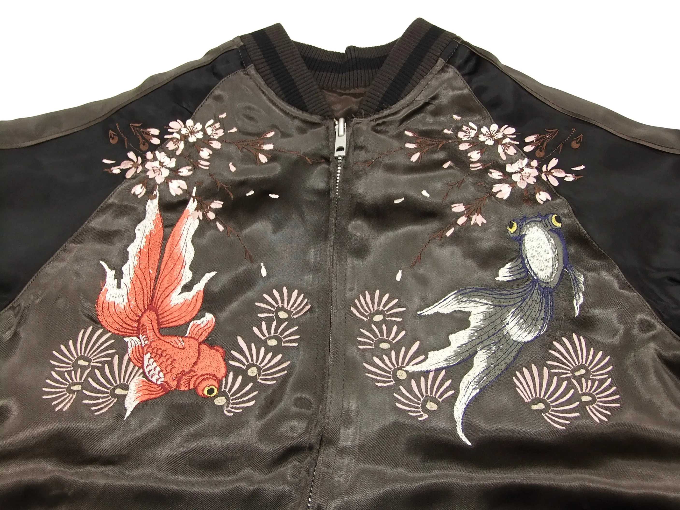 Japanesque Japanese Souvenir Jacket 3RSJ-015 goldfish Men's Sukajan Charcoal-Gray/Black