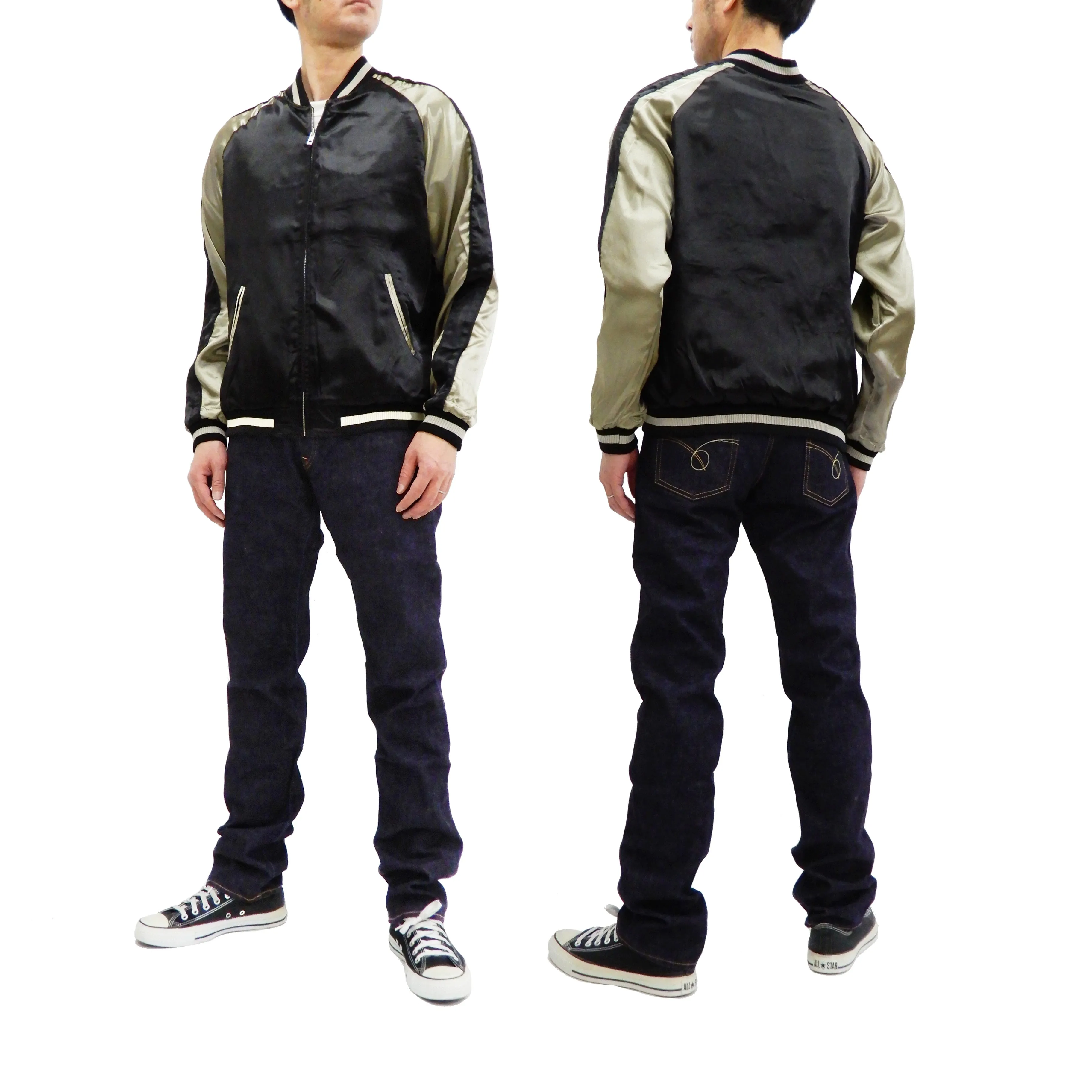 Japanesque Men's Japanese Souvenir Jacket Whale Breach Sukajan 3RSJ-041 Black/Beige