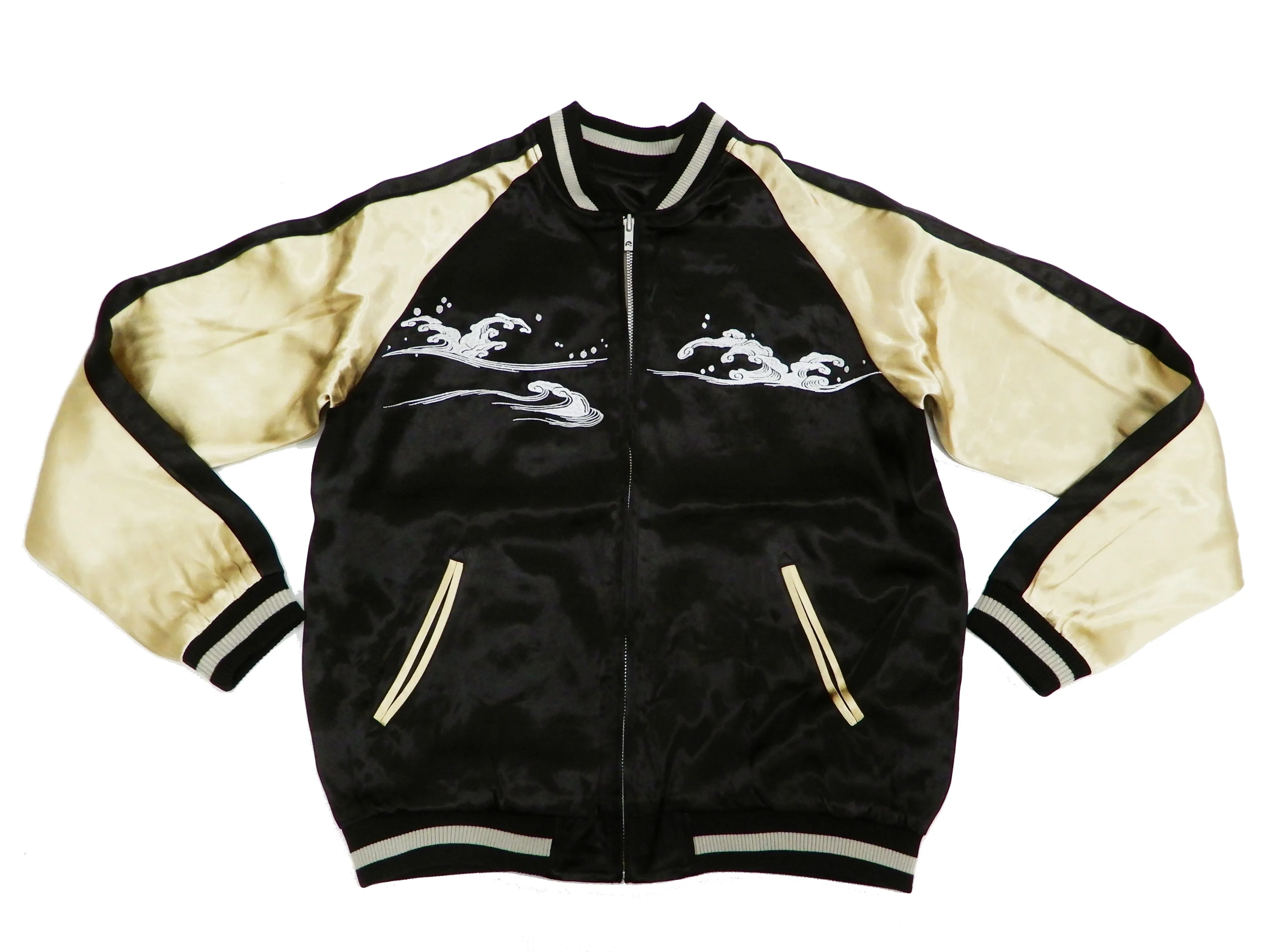 Japanesque Men's Japanese Souvenir Jacket Whale Breach Sukajan 3RSJ-041 Black/Beige