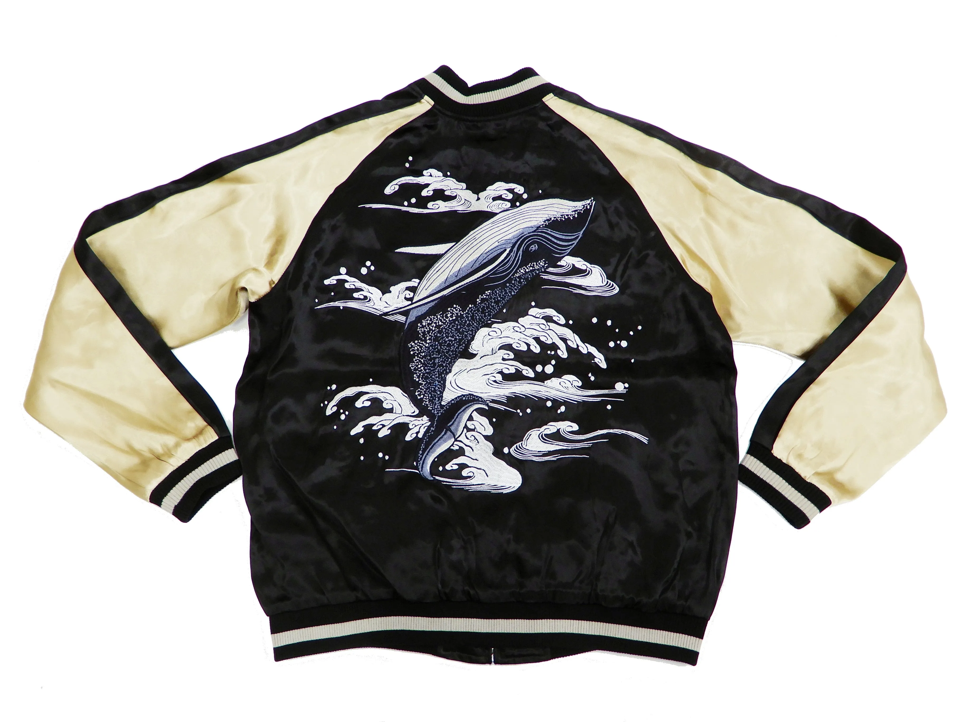 Japanesque Men's Japanese Souvenir Jacket Whale Breach Sukajan 3RSJ-041 Black/Beige