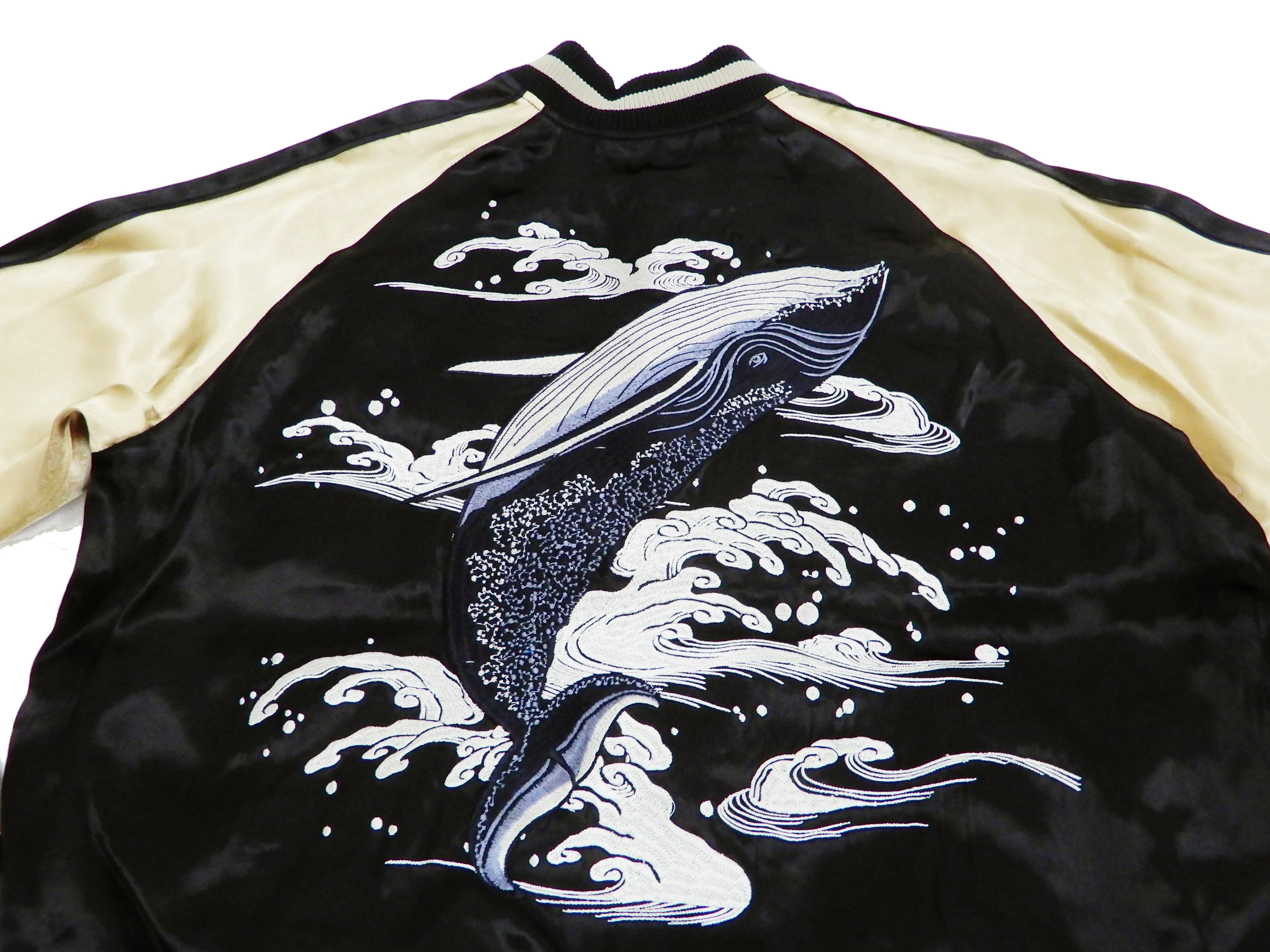 Japanesque Men's Japanese Souvenir Jacket Whale Breach Sukajan 3RSJ-041 Black/Beige