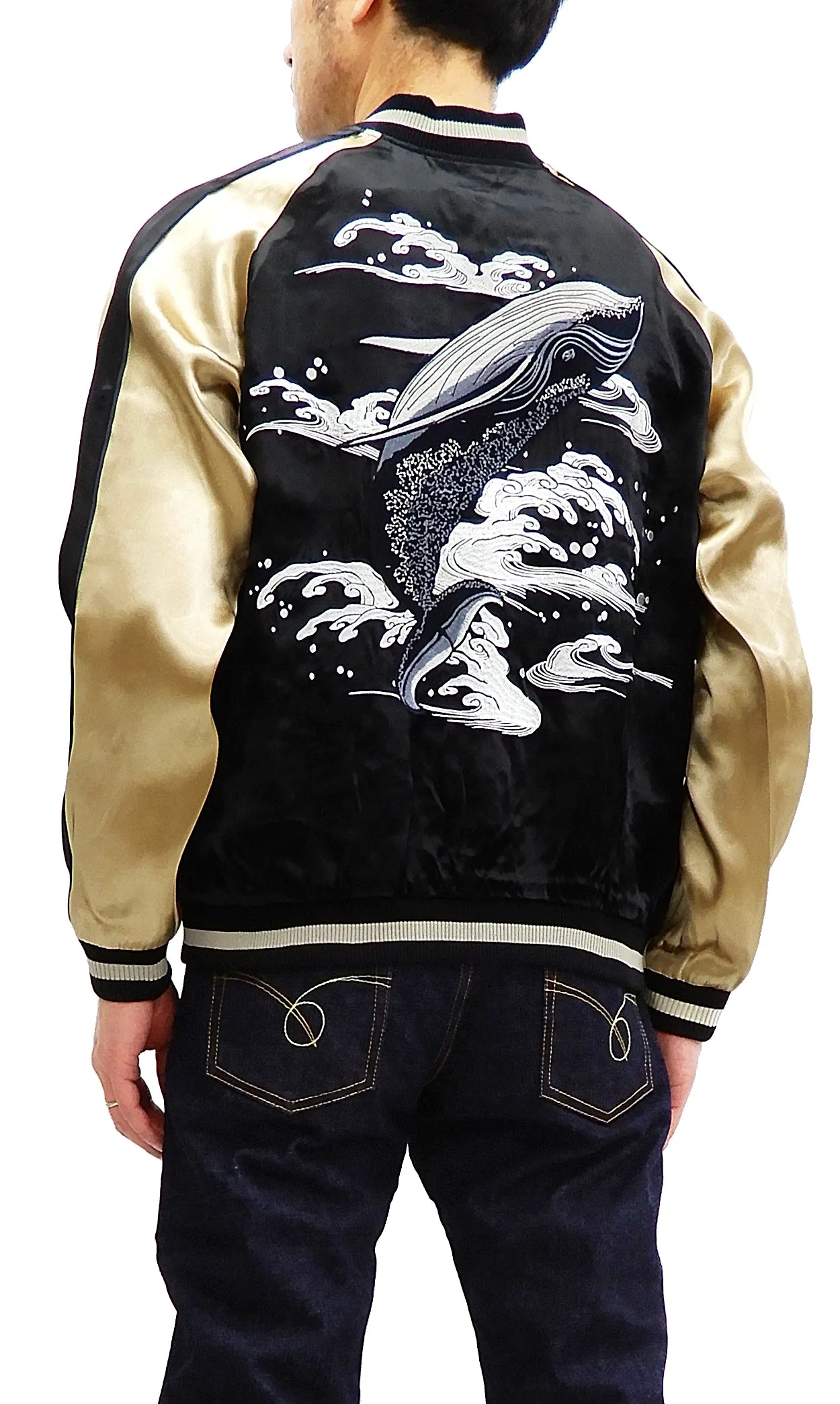 Japanesque Men's Japanese Souvenir Jacket Whale Breach Sukajan 3RSJ-041 Black/Beige