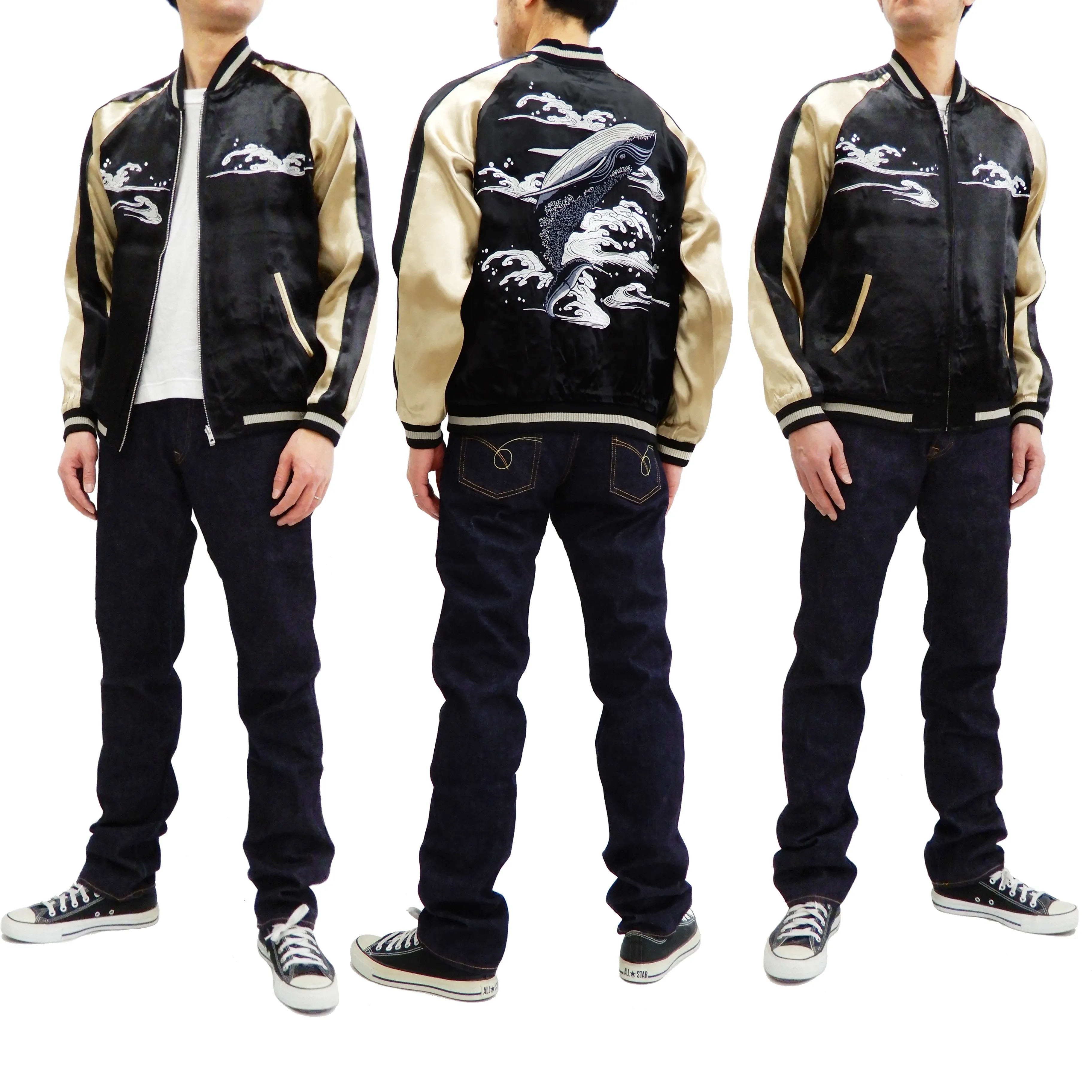 Japanesque Men's Japanese Souvenir Jacket Whale Breach Sukajan 3RSJ-041 Black/Beige