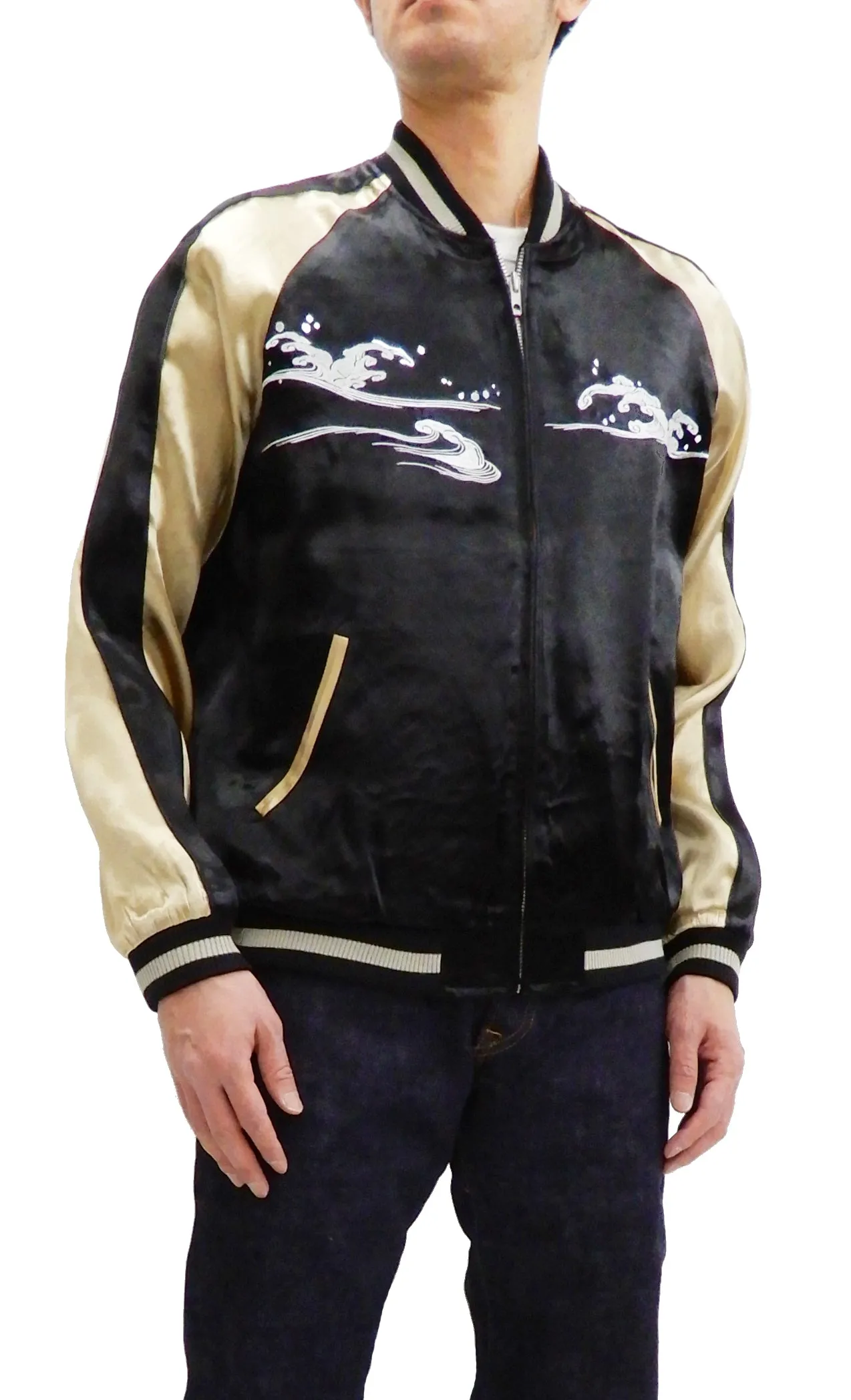 Japanesque Men's Japanese Souvenir Jacket Whale Breach Sukajan 3RSJ-041 Black/Beige