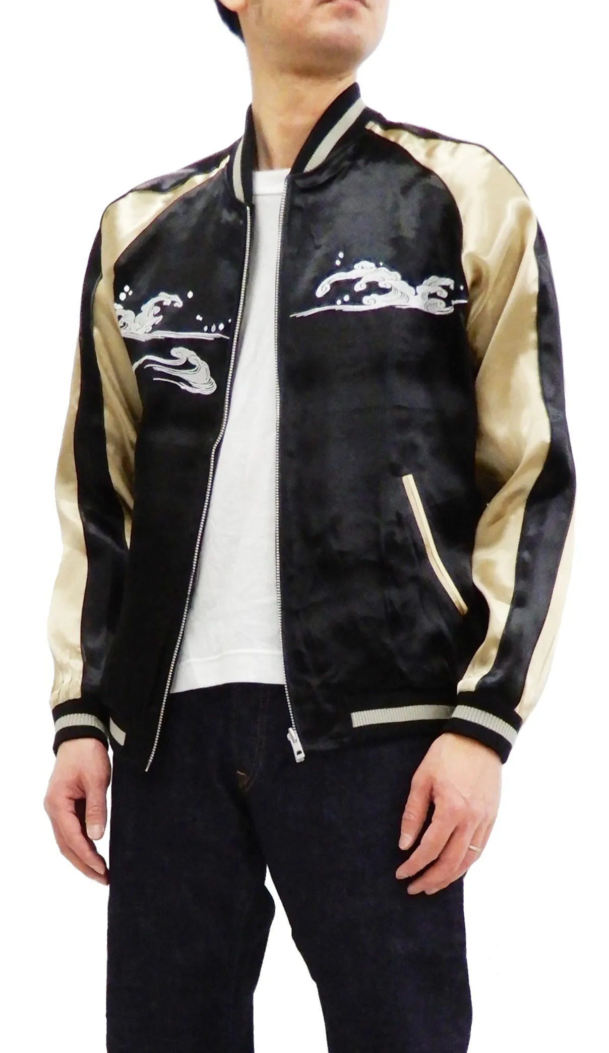 Japanesque Men's Japanese Souvenir Jacket Whale Breach Sukajan 3RSJ-041 Black/Beige