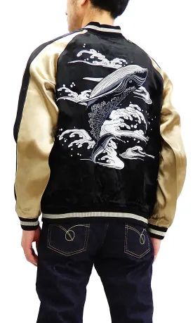 Japanesque Men's Japanese Souvenir Jacket Whale Breach Sukajan 3RSJ-041 Black/Beige