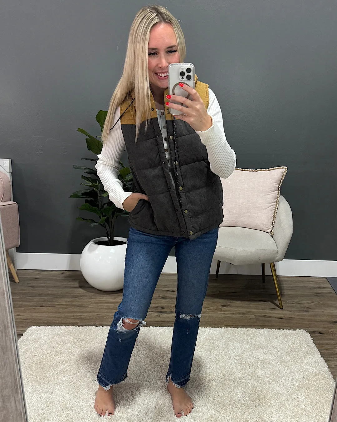 Joey Color Block Puffer Vest - Charcoal & Dijon
