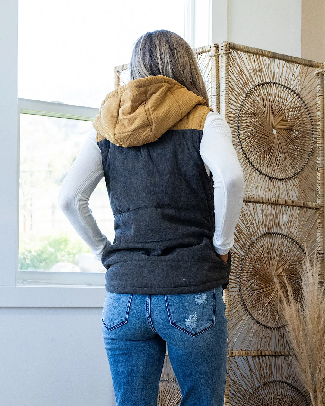 Joey Color Block Puffer Vest - Charcoal & Dijon