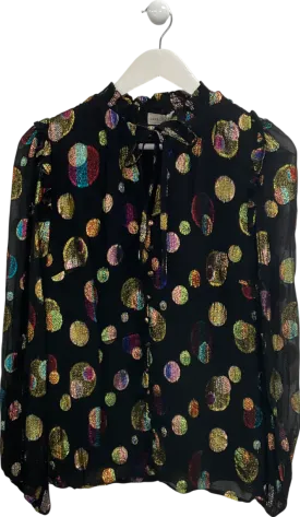 Love & Roses Black Metallic Ruffle Sheer Tie Neck Long Sleeve Blouse UK 10