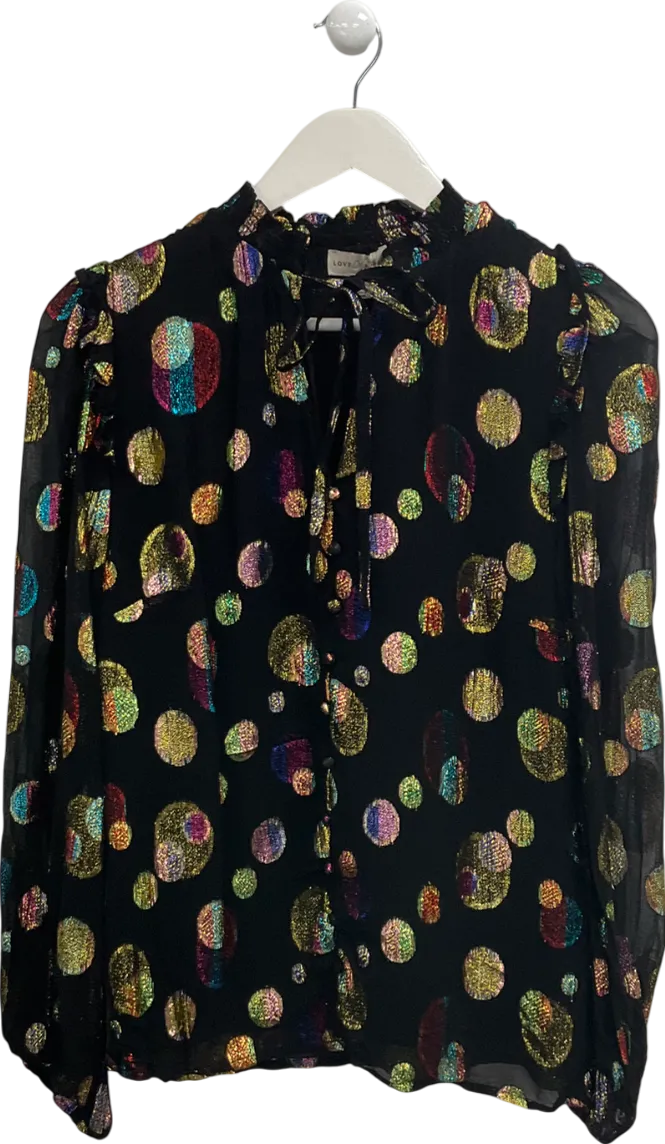 Love & Roses Black Metallic Ruffle Sheer Tie Neck Long Sleeve Blouse UK 10