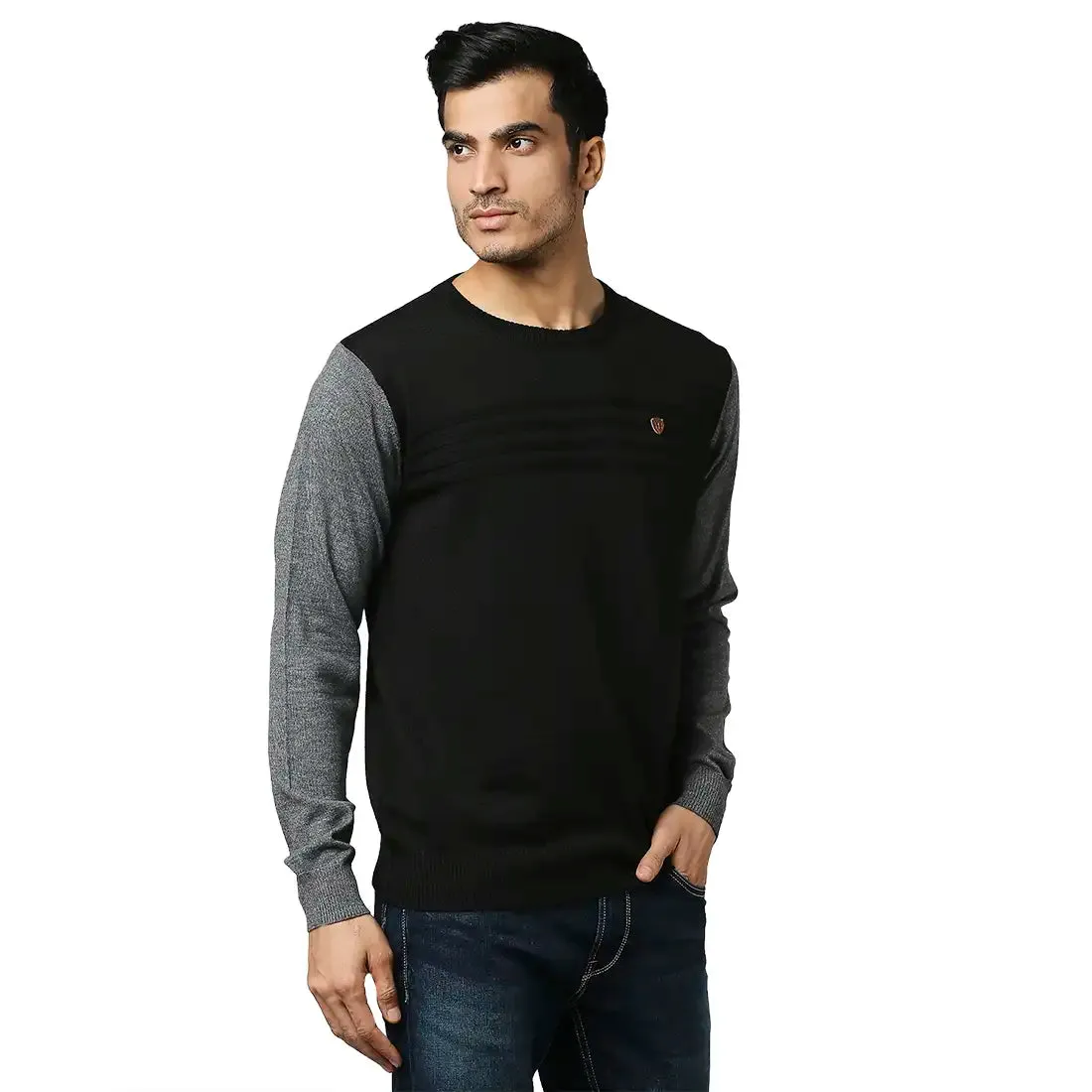 Men Grey Stripe Acrylic Wool Blend Round Collar Sweaters
