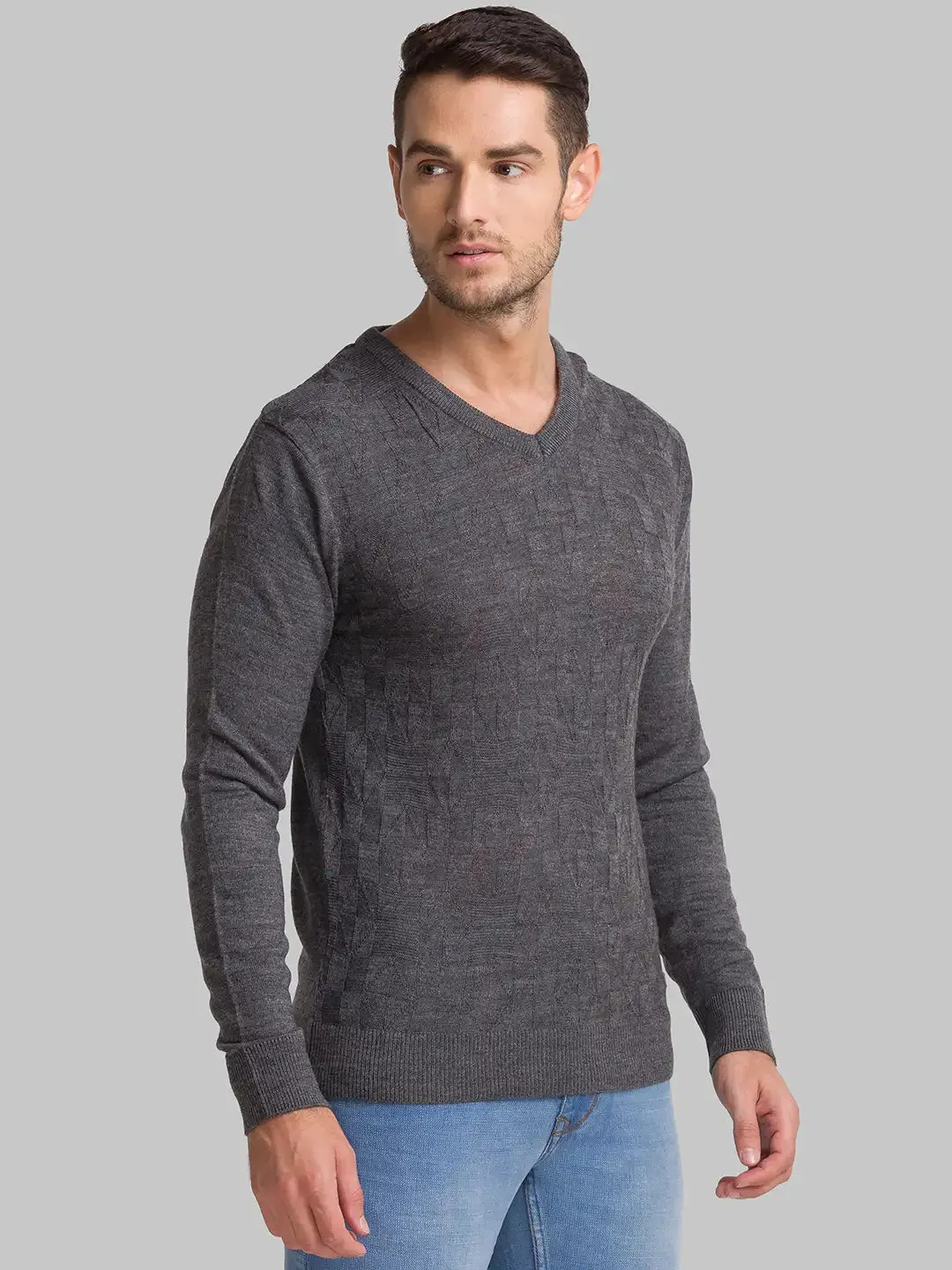 Men Grey Structure Acrylic Full Sleeve Sweaters