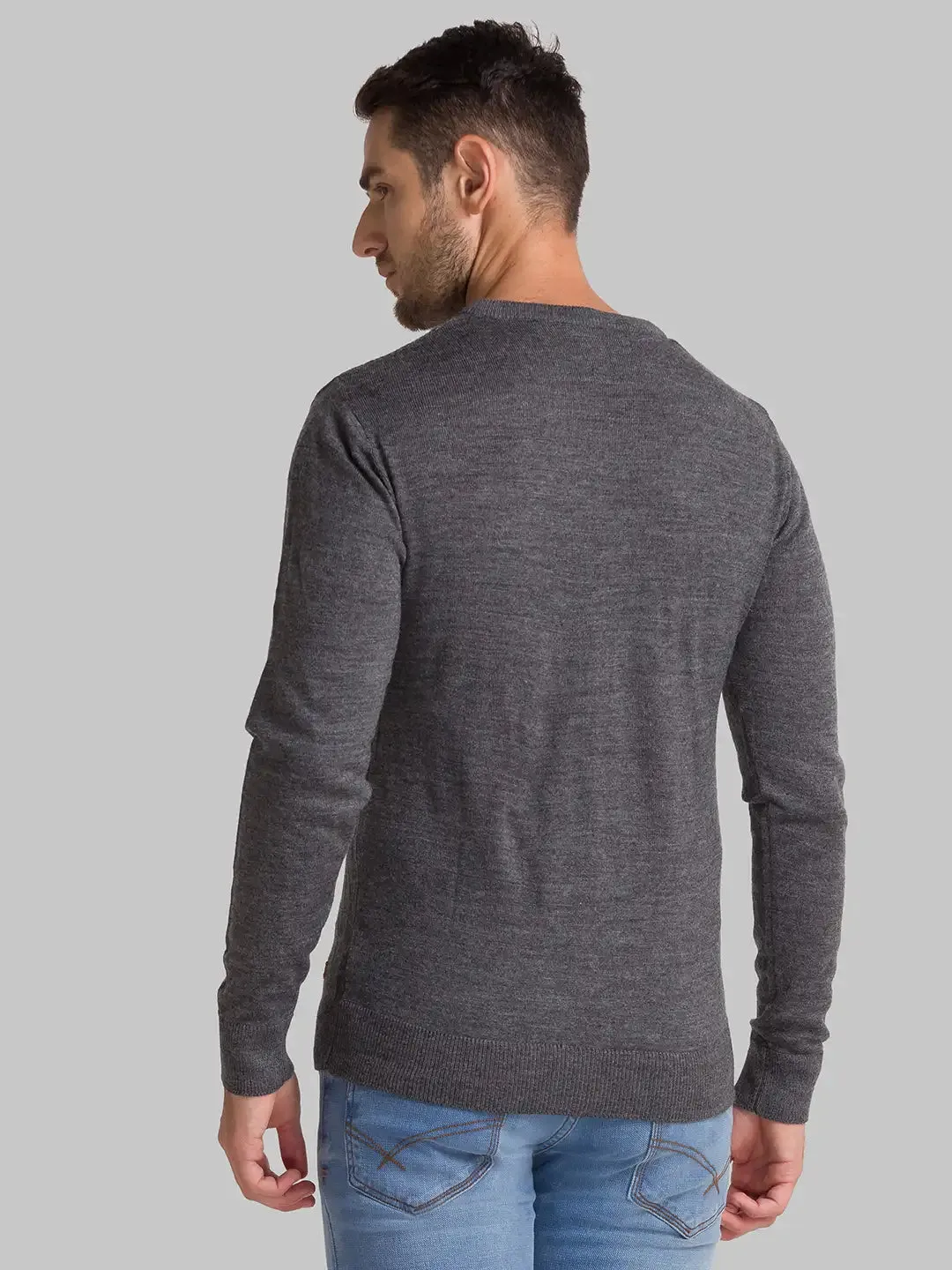 Men Grey Structure Acrylic Full Sleeve Sweaters