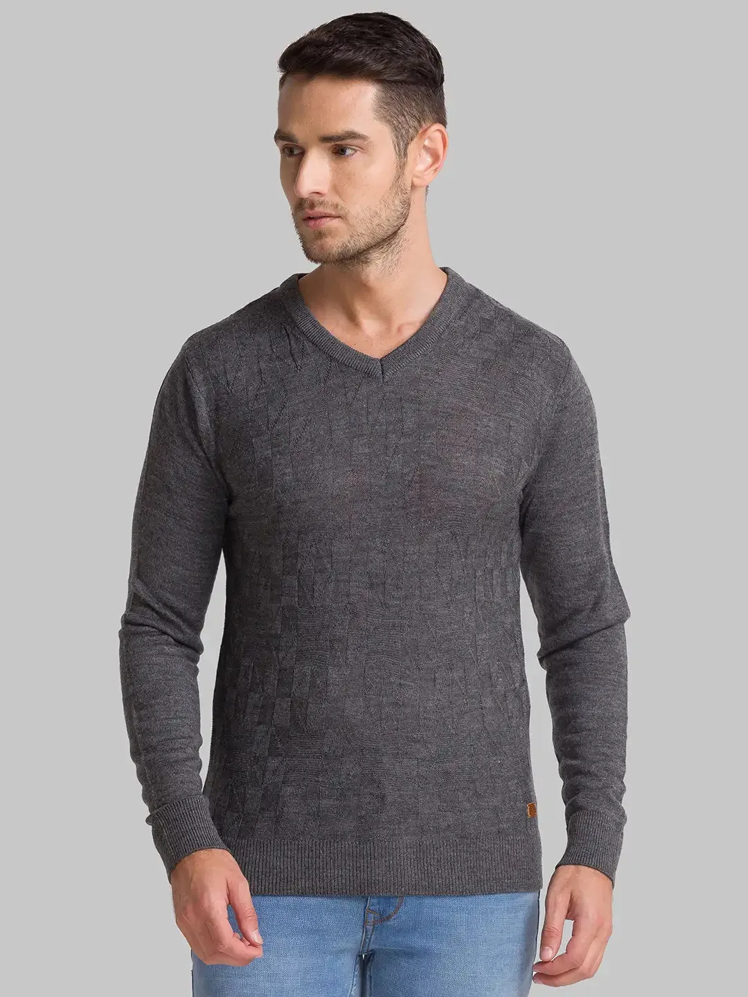 Men Grey Structure Acrylic Full Sleeve Sweaters