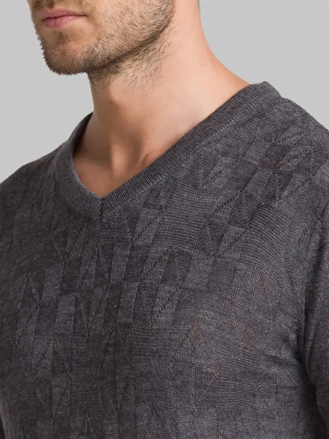 Men Grey Structure Acrylic Full Sleeve Sweaters