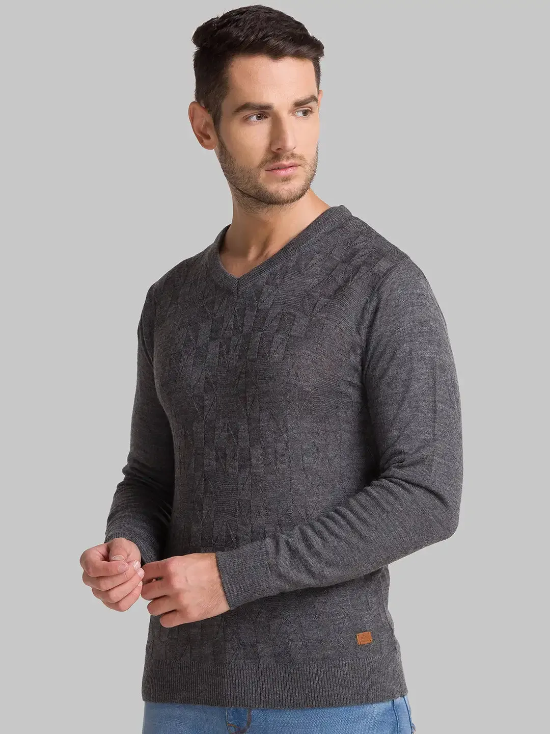 Men Grey Structure Acrylic Full Sleeve Sweaters