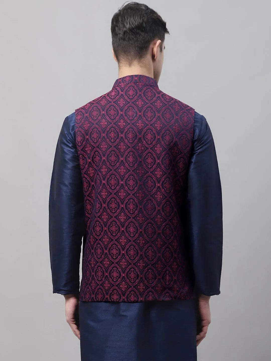 Men Navy Blue and Maroon Woven Design Waistcoats