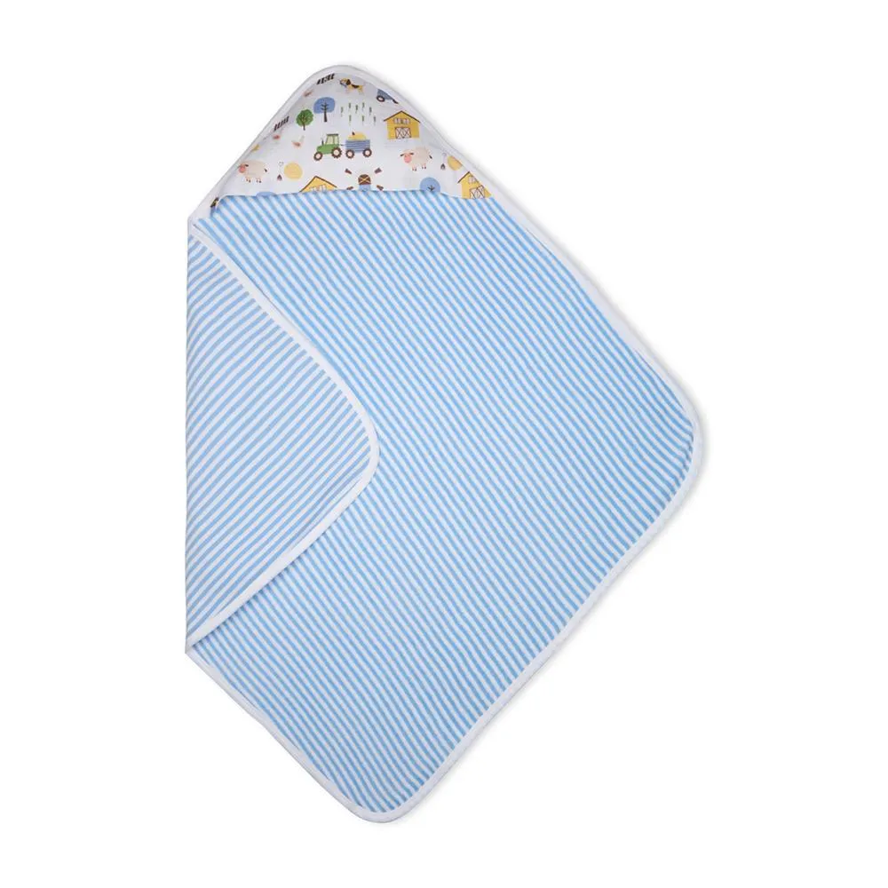 Premium Baby Hooded Towel Stripes Pattern With Barnyard Print Muslin Hood, Soft and Lightweight - Blue Bell