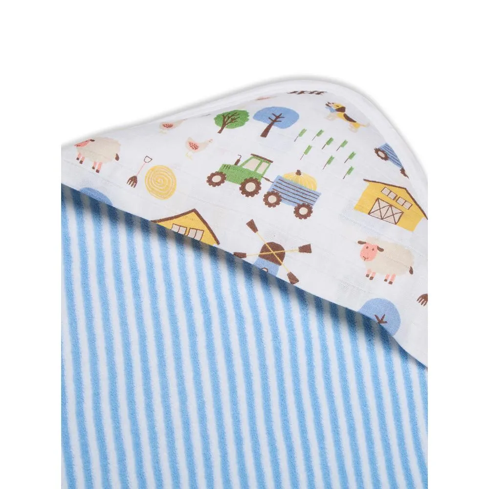 Premium Baby Hooded Towel Stripes Pattern With Barnyard Print Muslin Hood, Soft and Lightweight - Blue Bell