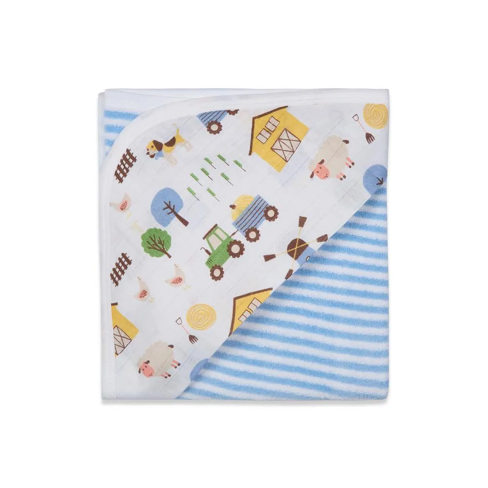 Premium Baby Hooded Towel Stripes Pattern With Barnyard Print Muslin Hood, Soft and Lightweight - Blue Bell