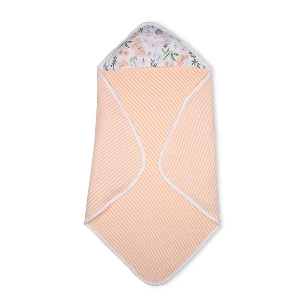 Premium Baby Hooded Towel Stripes Pattern With Butterfly Print Muslin Hood, Soft and Lightweight - Peach