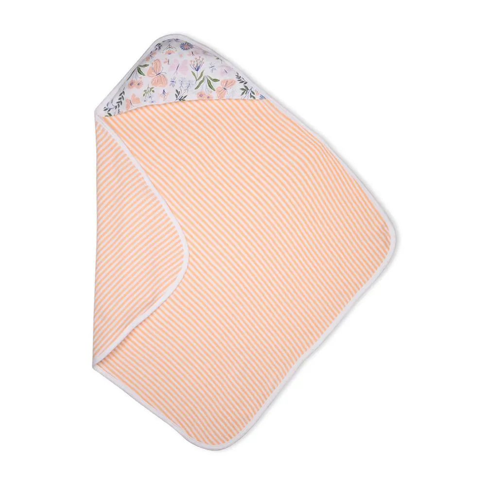 Premium Baby Hooded Towel Stripes Pattern With Butterfly Print Muslin Hood, Soft and Lightweight - Peach