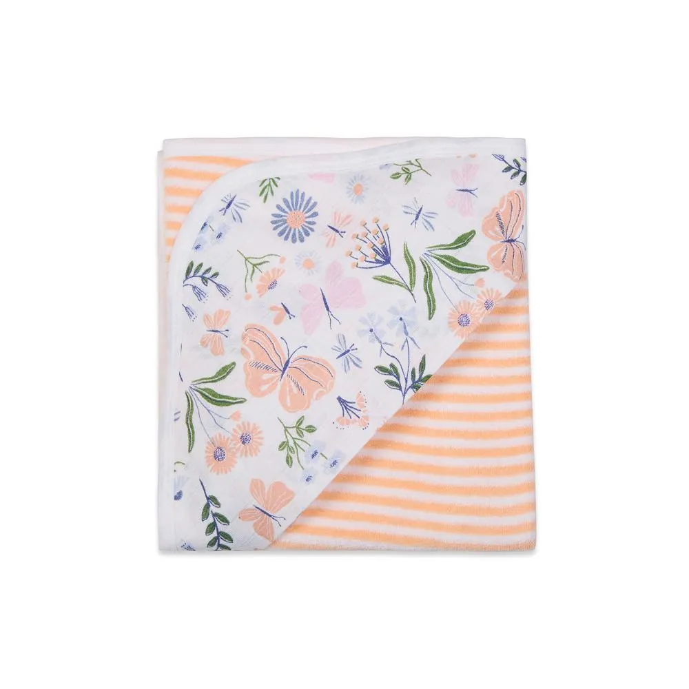 Premium Baby Hooded Towel Stripes Pattern With Butterfly Print Muslin Hood, Soft and Lightweight - Peach